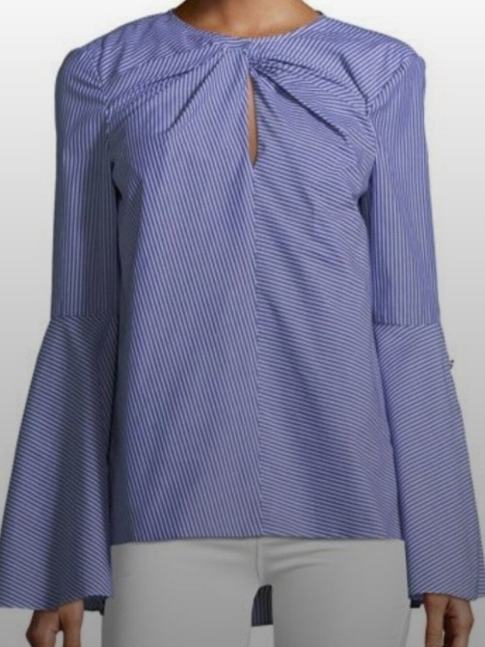 Prabal Gurung Collection Blue Stripe Bow Front Bell Sleeve Top Size 20